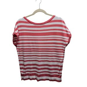 LOFT Pink White Striped V-Neck Crisscross Back Knit Sweater Top Small